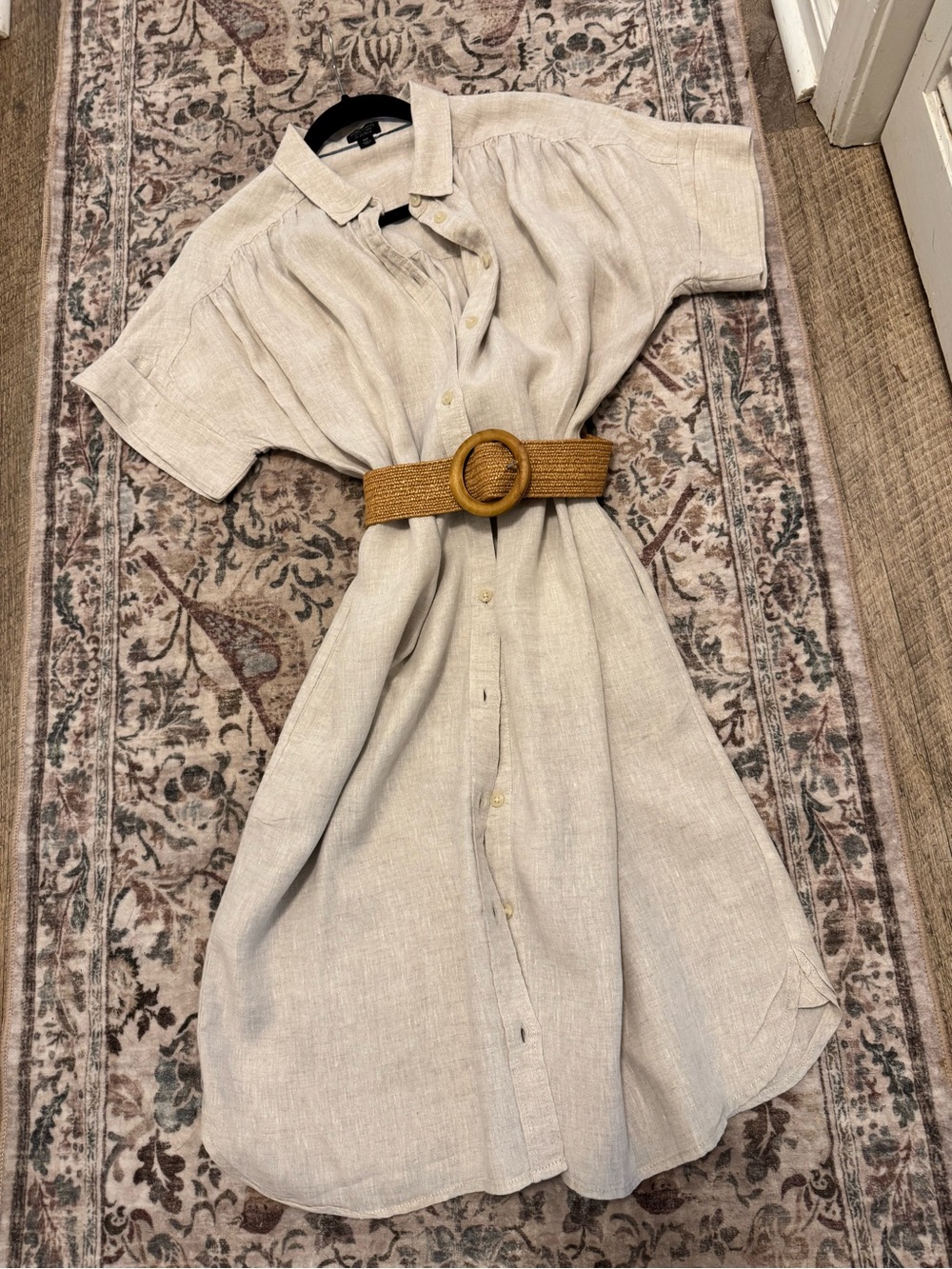 J. Crew Light Beige Button-Front Midi Shirt Dress with Woven Tan Belt